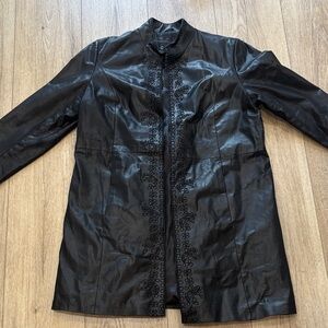 Black Leather Jacket with Embroidered Details